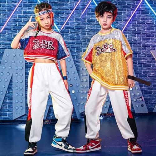 Kids Concert Hip Hop Show Clothing Sequined Crop Tops Tshirt Casual Pants For Girl Boy Jazz Dance Costume Wear Clothes Set