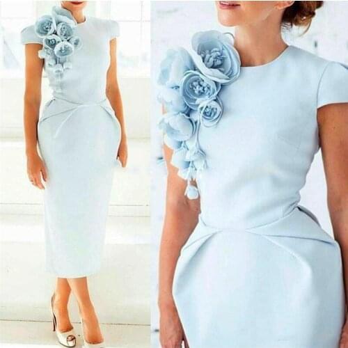 Elegant Formal Evening Dresses with Hand Made Flower Pageant Capped Short Sleeve 2021 Tea-Length Sheath Prom Party Cocktail Gown