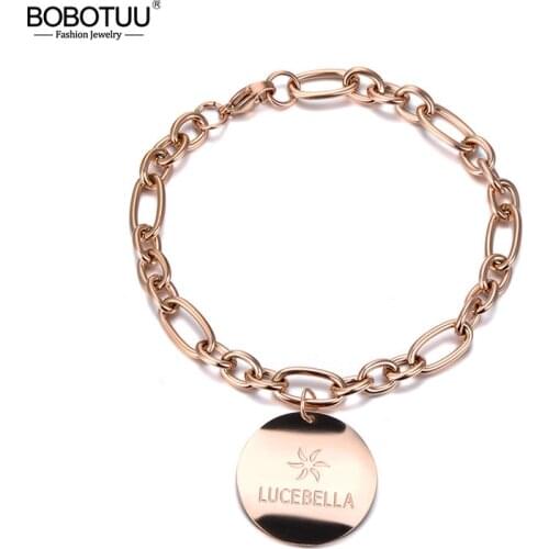 BOBOTUU Trendy Bohemia Style Tag Charm Bracelet Jewelry Titanium Stainless Steel Chain & Link Office Bracelet For Women BB19061