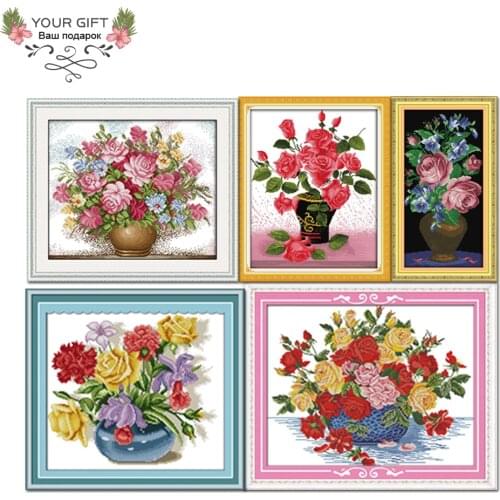 Joy Sunday H005H101H169H301H307 Home Decoration Pink Legend Rose Love At First Sight Roses in Glass Blue Vase Cross Stitch kits