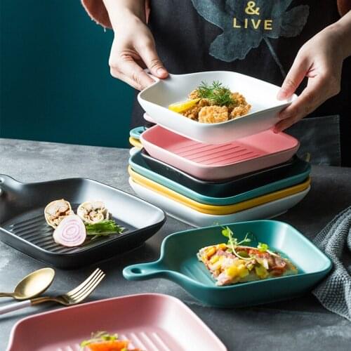 Ceramic Square Cheese Baked Rice Plate Baking Dish With Handle Microwave Western Food steak Tray Oven Special Tableware Hangable