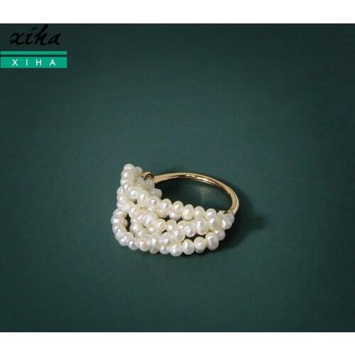 XIHA Multi Layered Freshwater Pearl Rings for Women 925 Sterling Silver Gold Ring Boho Engagement Wedding S925 Silver Jewelry