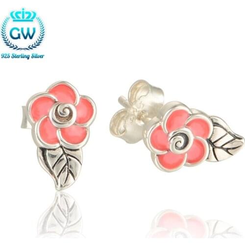 Summer Girls Fashion Jewelry Earrings 925 Sterling Silver Pink Enamel Flower Stud Earrings Brand Jewelry