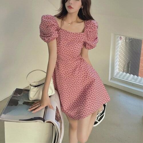 Hstar Summer Pink Boho Dresses Women Elegant High Waist Sweet Dresses French Retro Casual Party Club Short Sleeve Dress 2021