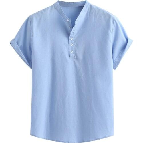 Mens Summer Baggy Cotton Blend Solid Color Button Shirt Tops Casual Loose Short Sleeve Men Top Blouse Simplicity Natural Tees