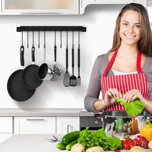 Rail Type Kitchen Utensils Hook Rack Minimalist Hanging Organiser Rack with 10 S-Hooks Pot Lid Holder Wall Mount Storage