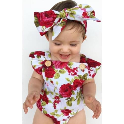 2017 New Baby Girls Flower Jumpsuit Romper Body suit + Headband Outfits Sunsuit Summer Children Kids Newborn Romper