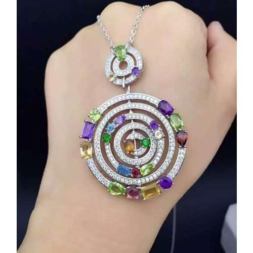 Natural multicolor amethyst peridot pendant S925 silver Natural garnet Pendant Necklace trendy Luxury round women fine jewelry