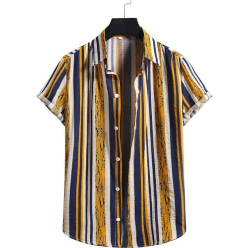 Men Hawaiian Shirt Short Sleeve Streetwear Print Striped Patchwork Summer Cotton Linen Chic Blouse 2021 Beach Camisa Masculina