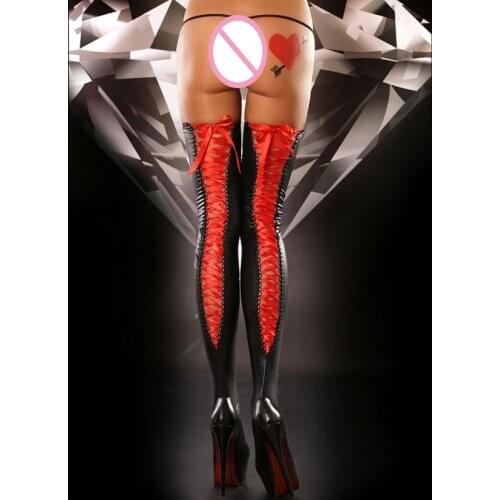 Faux Leather Latex Sexy Stockings Long Bandage Ribbon Thigh High Stockings Clubwear Fetish Wear Plus Size Black Red Purple
