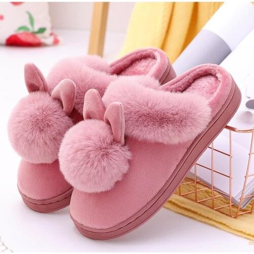Women Winter Slippers 2020 Fashion Cute Furry Rabbit Ears Home Indoor Non-Slip Warm Ladies Shoes Plus Plush Soft Female Slippers
