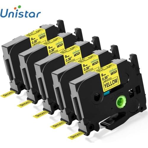 Unistar 5pcs Compatible for Brother Label Maker TZ Label Tape 9mm Black on Yellow TZe-621 TZ621 Printer Label Maker Label Print