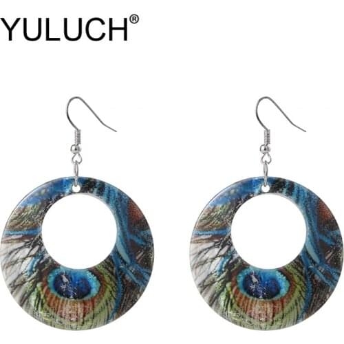 YULUCH Pop Hollow Natural Shell Printed Printing Ethnic Style Long Dangle Earrings For Women Ethnic African Round Drop Earrings