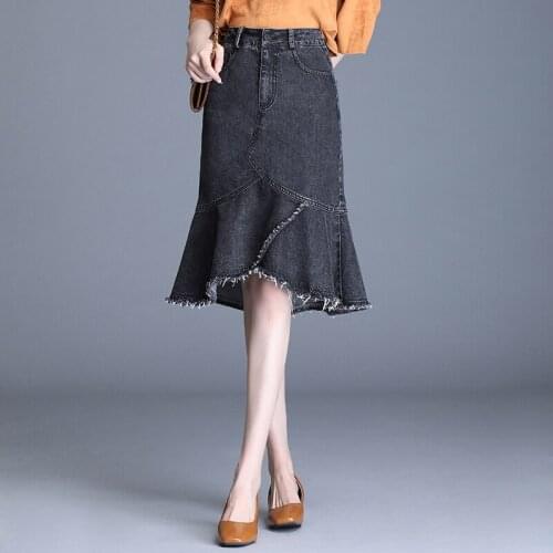 2021 New Summer Spring Womens High Waisted Ruffled Tassel Slim Blue Denim Mermaid Skirt , 4xl Jeans Skirts for Woman Clothes