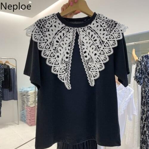 Neploe Woman Tshirts Lace Hollow Out Crochet Turn Down Collar Patchwork Short-sleeved Shirt Summer Casual Tops Clothing Women