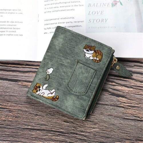 Women Short Embroidery Cartoon Cat Wallets Female Zipper Solid Color Coin Purses Ladies Hasp Cards Holder Mini Clutch Money Clip