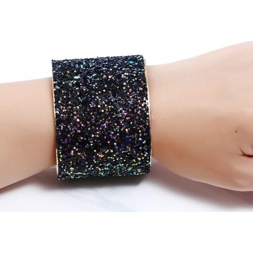 Boho Gold Metal Punk Cuff Bangles Bracelet for Women Shiny Sequin Open Wide Bangles Fashion Indian Gypsy Jewelry Pulseiras