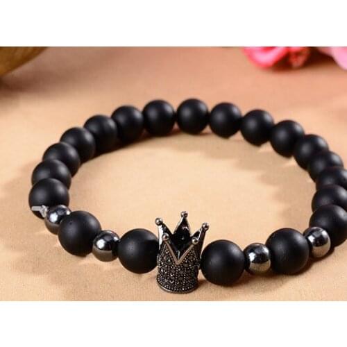 8mm xy3432 gold silver crown Frosted agate Onyx nature black stone a micro pave cz zircon cubic zirconia Bracelet Reiki Chakra