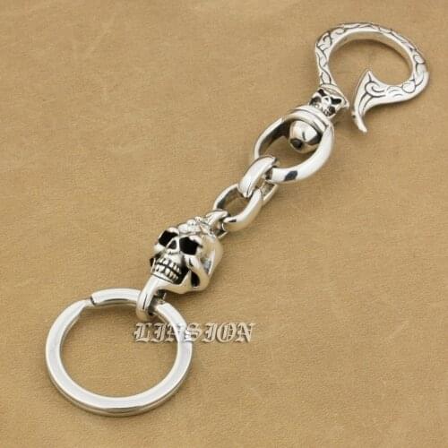 925 Sterling Silver Skull Hook KeyRing Mens Biker Rocker Punk Keychain Belt Clip 9T011