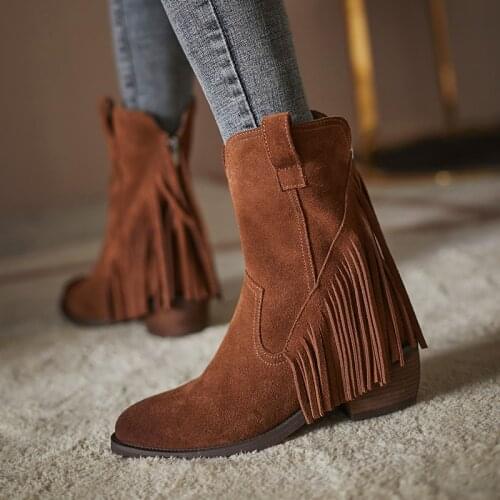 Nubuck Leather Short Boots Women Boots High Heels Shoes Cow Suede Tassel Winter Boots Warm Western Boot Female Boots Large Size