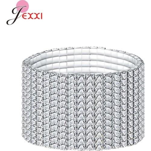 12 Rows Clear Crystal Wedding Chain Bracelets 925 Sterling Silver Bridal Jewelry Rhinestone Stretch Bangles