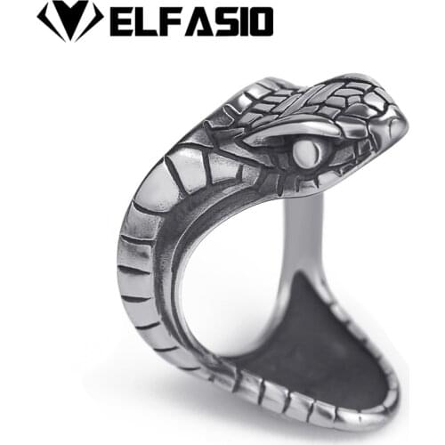 Elfasio Mens Boys Stainless Steel Ring Silver Viper Snake Serpent Cobra Biker Jewelry Size 7-13