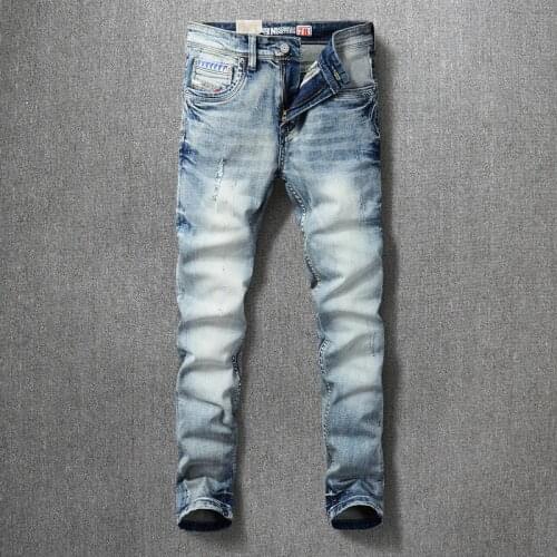 Korean Style Fashion Men Jeans Retro Light Blue Elastic Cotton Slim Fit Ripped Jeans Men Vintage Designer Casual Denim Pants