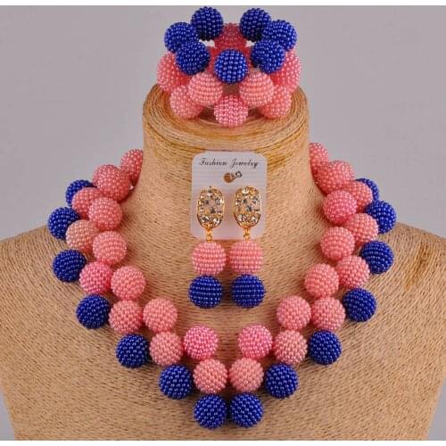 Royal blue and peach african beads jewelry set nigerian wedding necklace FZZ110