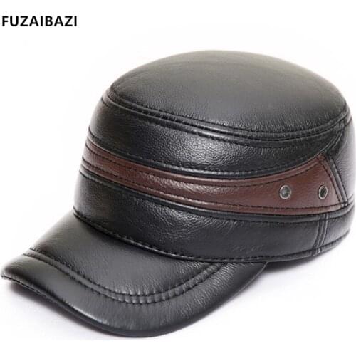 FUZAIBAZI Mens Fashion New Genuine Leather Military Cap Autumn Winter Cowhide Adjustable Size Middle-Aged Earmuffs Flat Caps