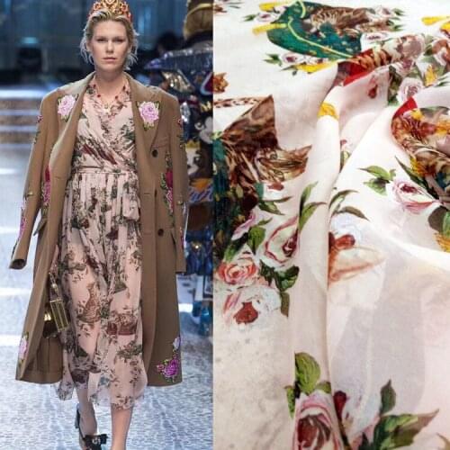 New womens chiffon printed fabric kitten pillow pattern big flower pattern custom fabric fahion cloth for dress shirt