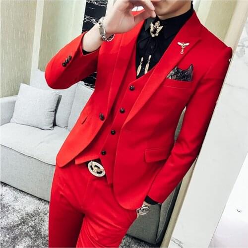 New Arrival One Button Red Groom Tuxedos Groomsmen Peak Lapel Mens Suits Blazers (Jacket+Pants+Vest+Tie) W:1021