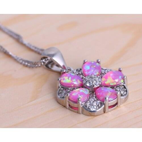 ROLILASON Party Flower style pink Fire Opal silver color Necklace Pendant for women fashion jewelry OP769