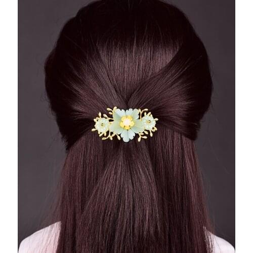 Personal Color Retaining Copper Alloy Leaves Barrettes Exquisite Light Green Coloured Glaze Cinnabar Flower Hair Jewelry