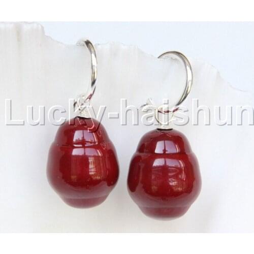 JQHS Dangle 17X21mm red south sea shell pearls Beaded Earrings 925 silver hoop j11639