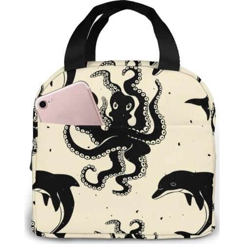 Octopus Dolphins Cooler Bag Portable Zipper Thermal Lunch Bag Convenient Lunch Box Tote Food Bag