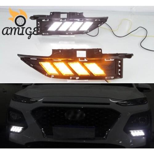 DNO LED Daytime Running Lamps For Hyundai Kona 2018 2019 2020 Auto Flowing Yellow Turn Signal Daylights Car Foglamp