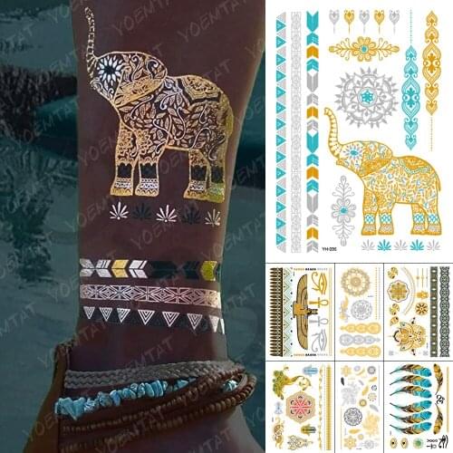 Waterproof Temporary Tattoo Sticker Metal Gold Silver Bracelet Elephant Mandala Flower Flash Tatoo Arm Henna Body Art Fake Tatto