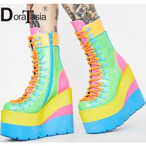 DORATASIA Big Size 34-43 New Ladies High Platform Boots Fashion Colorful High Heels Ankle Boots Women Zip Wedges Shoes Woman