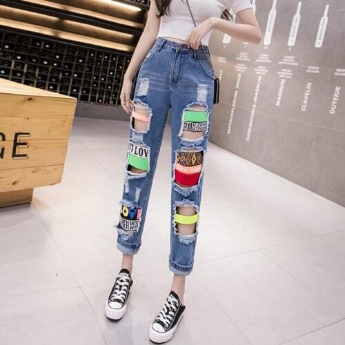 Korean Hole Jeans Female 2020 Summer New Loose Bf High Waist Denim Pants Women Straight Nine Points Harem Cowboy Trousers Y397