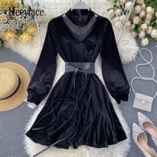 French retro black velvet dress women halter tassel hollow out v neck party dress autumn winter long sleeve sexy vintage dress
