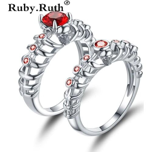 Womens Skull Ring European and American Punk Men Red crystal skull mens jewelry 2 sets Rings