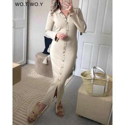 WOTWOY Office Lady Button-up Split Knitted Bodycon Dress Women Casual Slim Long Sleeve Maxi Dress Women Ankle-Length Party Dress