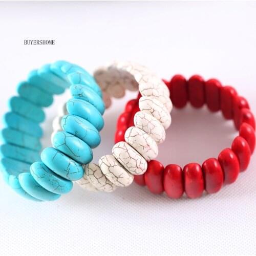 1Pcs BUYERSHOME Hot Jewelry For Women 10x25MM Natural Beads Stone Red White Blue Howlite Stretch Bracelet 8"H607