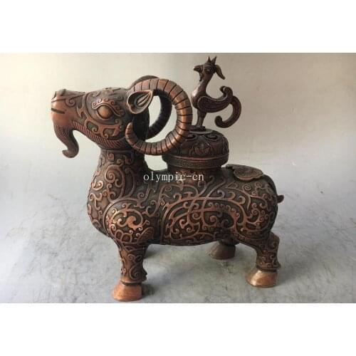 12'' red copper carvings auspicious animal sheep phoenix cover incense burner