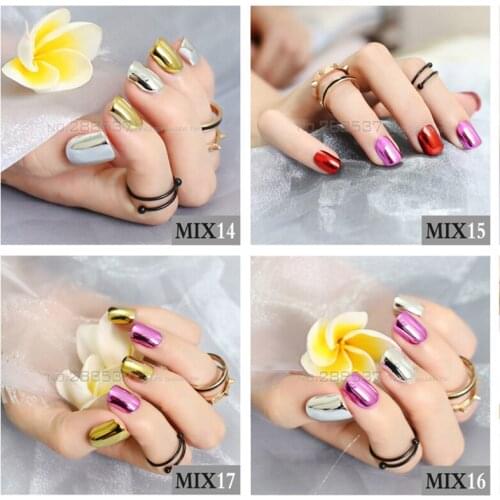 48pcs personality mirror false nails Gold Silver Red Purple Fake Nail Short Design Artificial Manicure DIY mix and match MIX