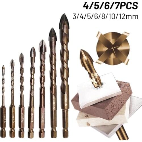 7pcs 3-12mm Brown Carpentry Cross Hex Tile Drill Bits For Glass Ceramic Wood Hole Opener Triangle Tools Hand Electric Drill Bit