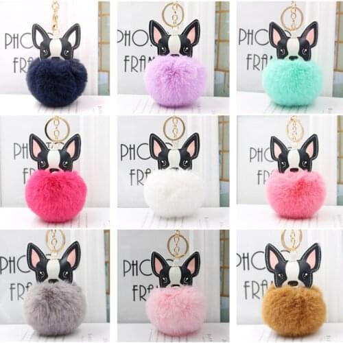 10pcs/Lot French Bulldog Keychain Fluffy Rabbit Fur Ball Pompom Key Chain Pu Leather Animal Dog Keyring Holder Bag Pendant Gift