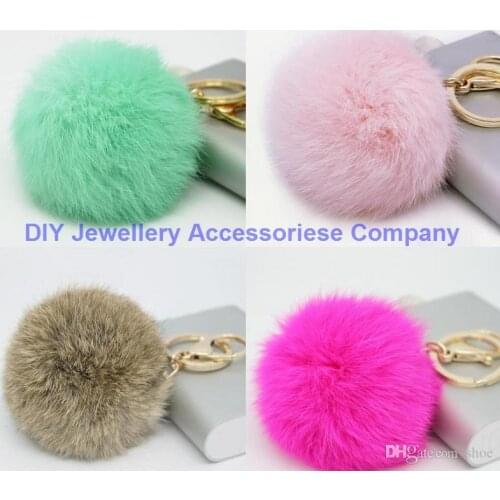 DHL free 100pcs mixed 22 colors Cute Genuine Leather Rabbit fur ball plush key chain for car key ring Bag Pendant car keychain