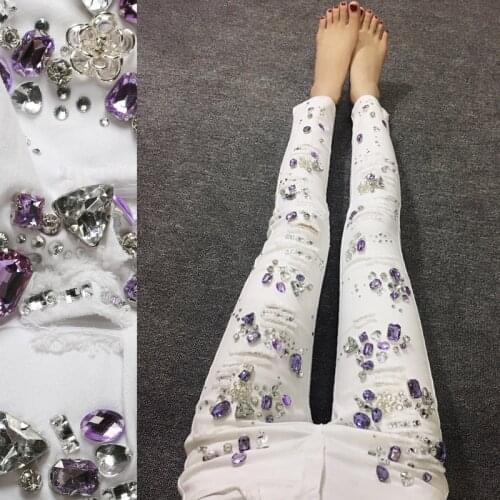 Jeans Pants For Women 2019 Purple Bead Diamond Denim White Trousers Female Jeans Fashion Vintage Plus Size Women Luxury