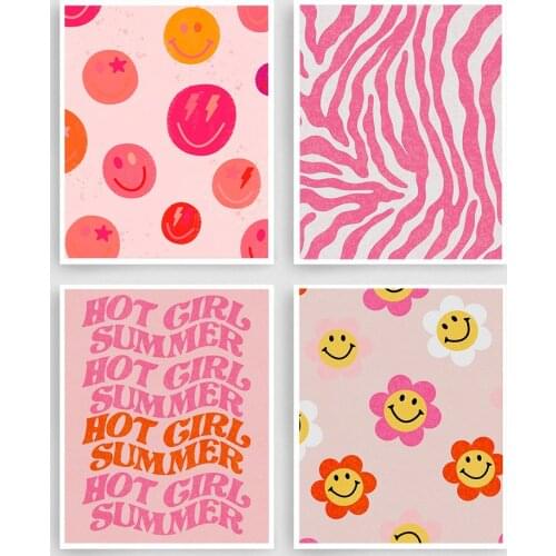 Feminist Art Pink And Orange Girl Power Smiley Face Print Wall Art Canvas Painting Girls Gift Modern Pictures Decor Dorm Wall